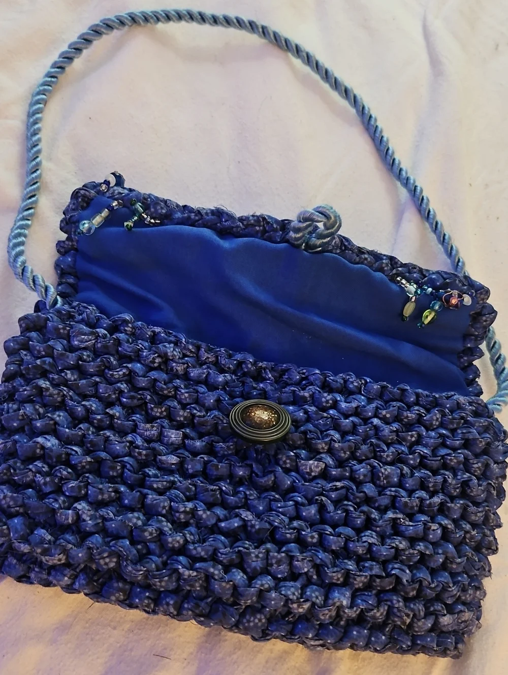 Handwoven Blue Crochet Shoulder Bag with Button Closure